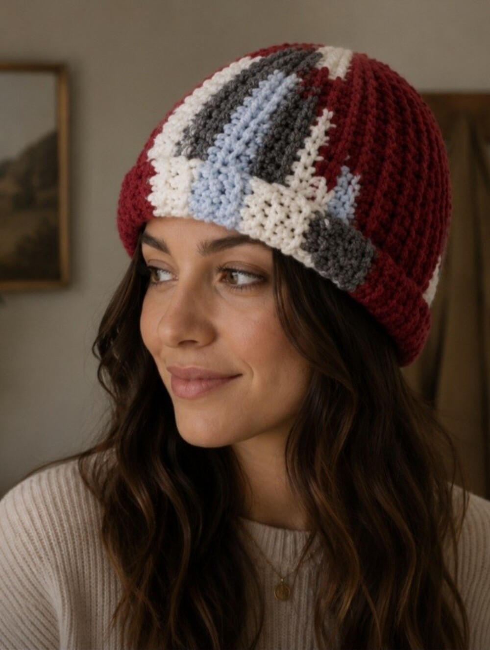 Handmade Crochet Beanie Cap Maroon Striped Hand Knit OS Winter Fashion Christmas